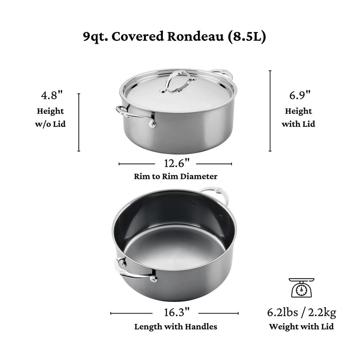 The NanoBond Titanium Rondeaus features a 9-quart stainless pot, shown with/without lid. Dimensions: 4.8" H without lid, 6.9" H with lid, 12.6" rim diameter, 16.3" length with handles; weighs 6.2 lbs with lid—NanoBond technology included.