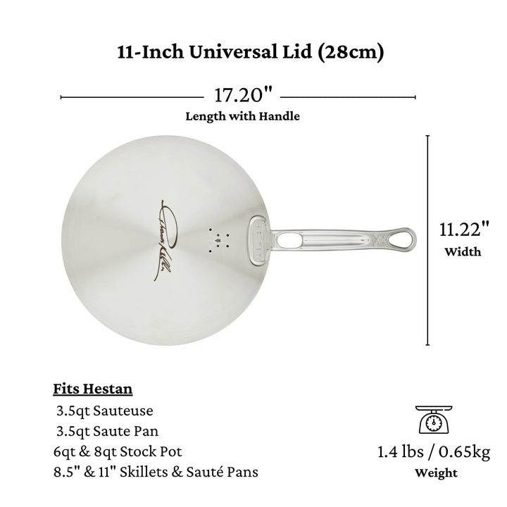 The Thomas Keller Insignia Commercial Clad Stainless Steel Universal Lid is eco-friendly, measures 17.20 inches in length (with handle) and 11.22 inches in width, weighs 1.4 lbs (0.65 kg), and fits various pans seamlessly, including a 3.5qt sauteuse and 8.5 skillets.