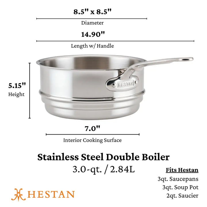 Image of the Hestan Provisions 3-Quart Stainless Steel Double Boiler Insert, featuring its sleek design and even heat distribution. Dimensions: 8.5x8.5 diameter, 14.90 length with handle, and 5.15 height; compatible with Hestan’s 3qt Saucepan and Soup pots.