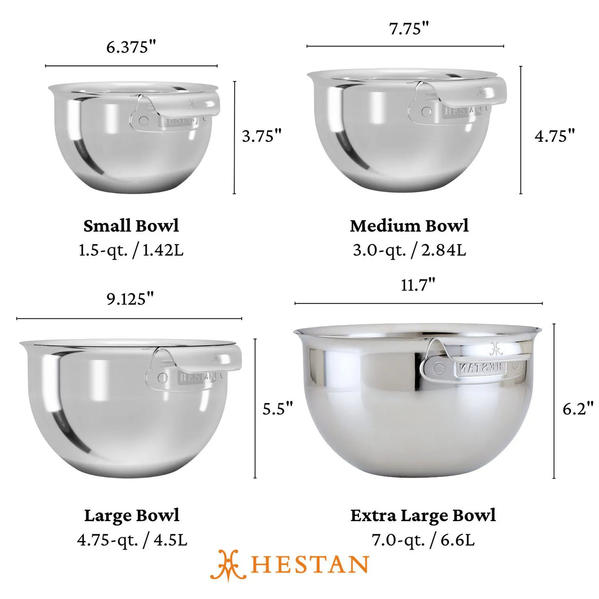 The image displays the ProBond collections stainless steel mixing bowls from the Professional Clad Performance 28-piece Set. Sizes from left to right: 1.5-quart, 3.0-quart, 5.0-quart, and 7.0-quart, with dimensions above each bowl and the ProBond logo at the bottom, epitomizing quality craftsmanship.