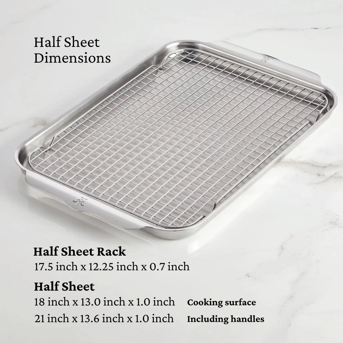 A half sheet rack sits in a half sheet pan on marble. Text overlays show the rack as 17.5 x 12.25 x 0.7 in and the pan as 18 x 13 x 1 in, both complementing the NanoBond Titanium x Tyler Florence Cookware Set, 41-Piece.