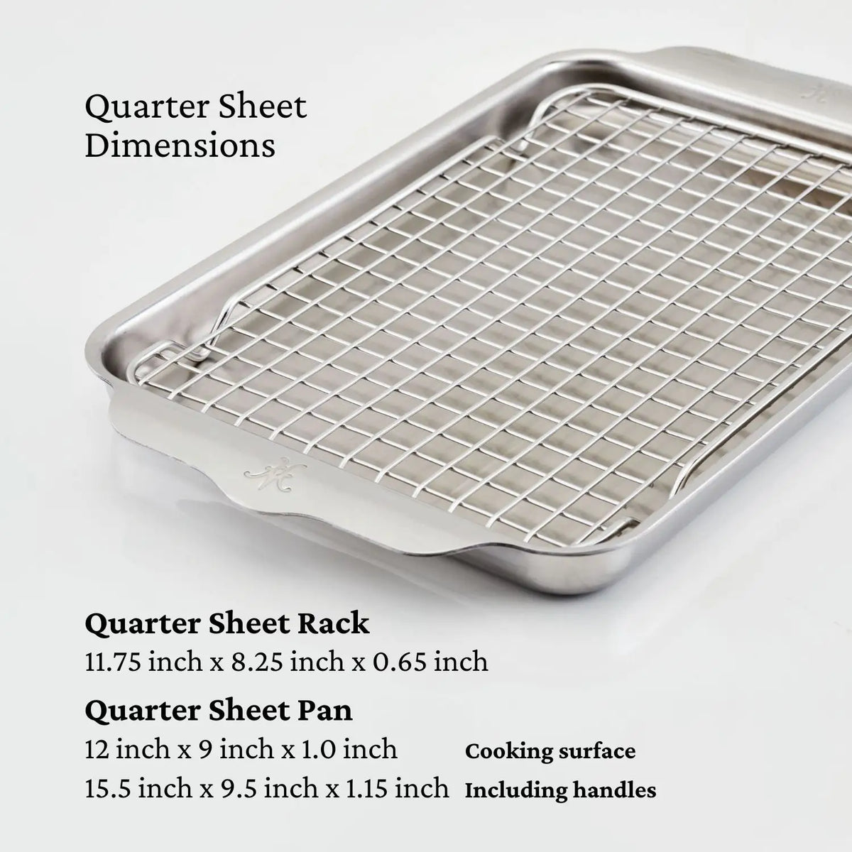 A NanoBond Titanium x Tyler Florence Cookware Set, 41-piece, is shown. The image displays a quarter sheet pan with a wire rack inside and lists dimensions for the rack, pan, cooking surface, and handles.