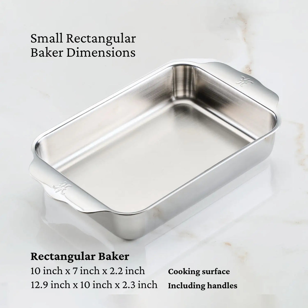 Hestan Provisions OvenBond Tri-ply Epicurean stainless steel rectangular baking dish is a durable kitchen essential with a 10 x 7 x 2.2-inch cooking surface and overall dimensions of 12.9 x 10 x 2.3 inches including handles, designed against a light backdrop.