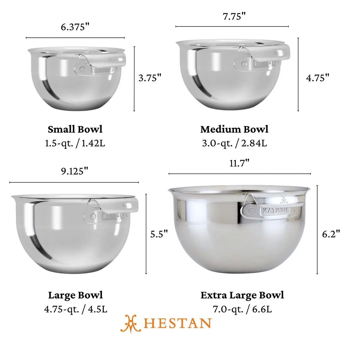 Diagram of four Hestan Provisions OvenBond bowls, crafted with tri-ply stainless steel for enhanced durability, labeled small (6.375 x 3.75, 1.42L), medium (7.75 x 4.75, 2.84L), large, and extra-large, part of the Epicurean Stainless Steel 21-Piece Set.