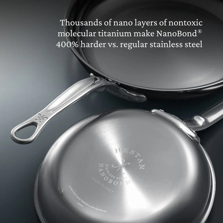 A close-up of two pans from the NanoBond 10-piece Limited Edition Winter Titanium Cookware Set on a gray background. The top pan shows its inner surface, while the bottom displays the NanoBond logo. Text highlights that this Stainless Steel Cookware is 400% harder than regular ones due to its Molecular Titanium layers.