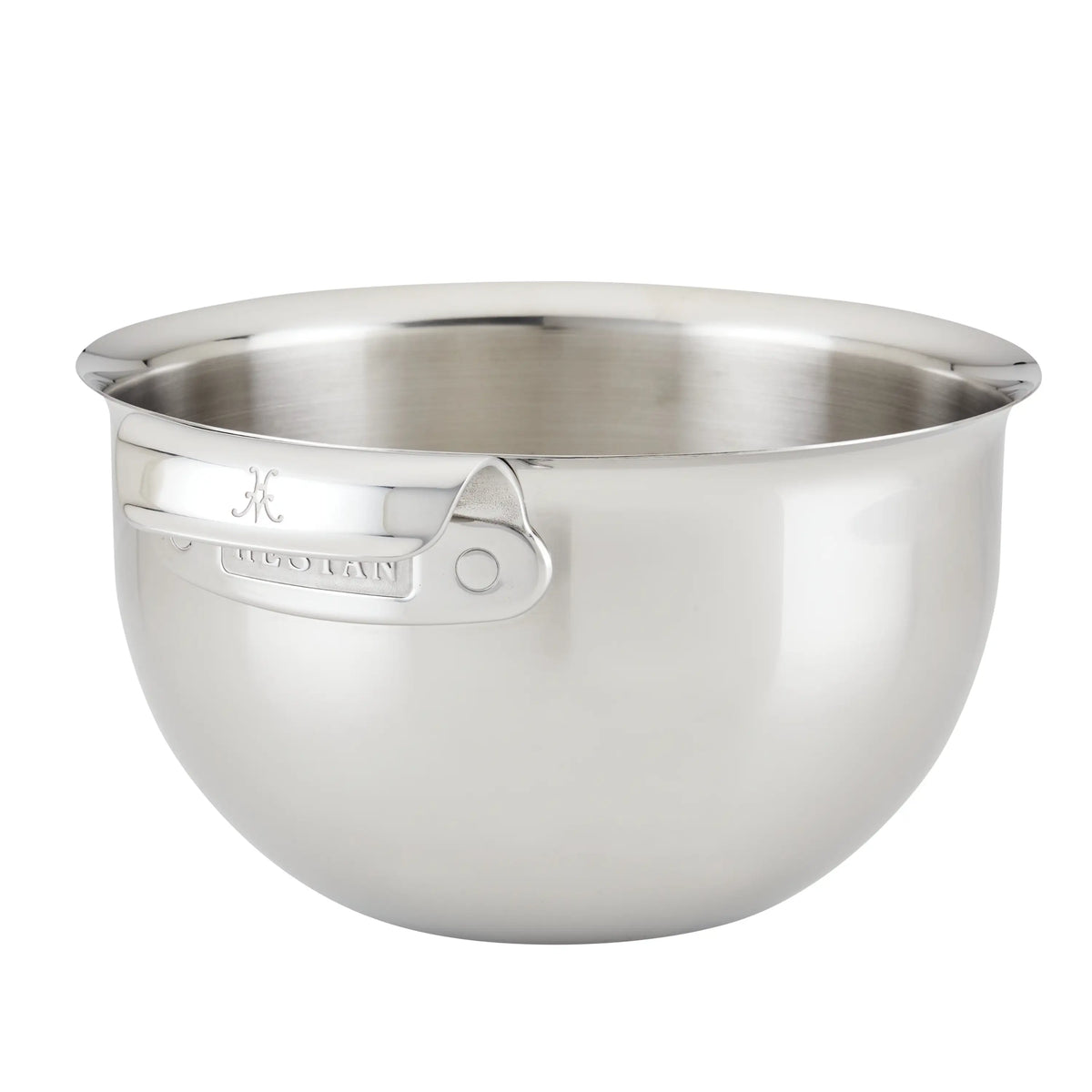 The Hestan Provisions Stainless Steel Mixing Bowl, 7-Quart, features heavy-gauge stainless steel with a shiny finish, flat base, rounded sides, and an ergonomic handle near the rim.