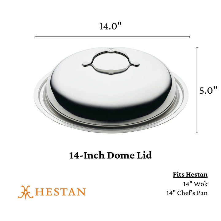 A stainless steel 14-inch dome lid with a handle, measuring 14" in diameter and 5" high, is shown on a white background. Text notes it fits NanoBond cookware, including the chef’s pan from the 18-Piece Limited Edition Titanium Cookware Set.