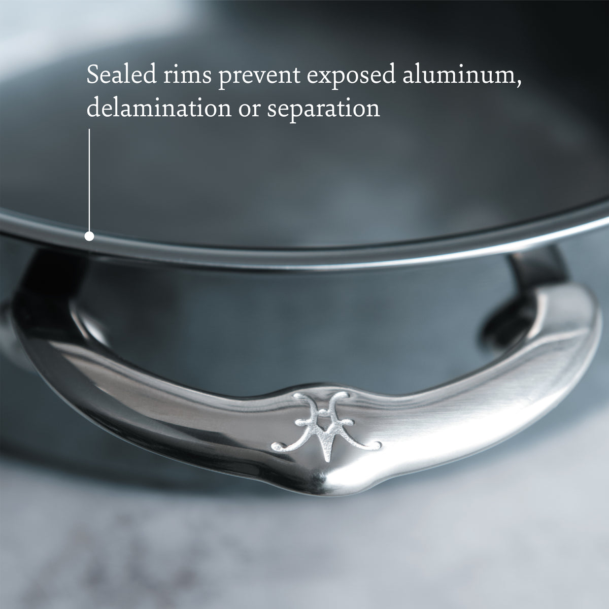 Close-up of a NanoBond Titanium Skillet handle with its engraved logo, showing the sealed rim that prevents exposed aluminum and delamination—ensuring exceptional nonreactive titanium durability.