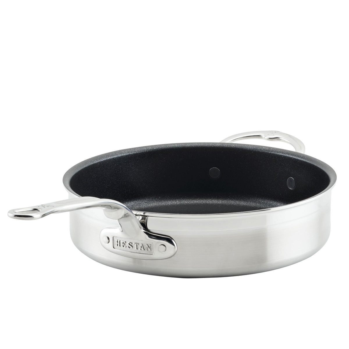 The ProBond Professional Clad Stainless Steel TITUM® Nonstick Sauté Pan, 3.5-Quart, features dual handles for easy maneuvering. The polished exterior shines brightly against a plain white background with the brand name elegantly engraved on the front handle.