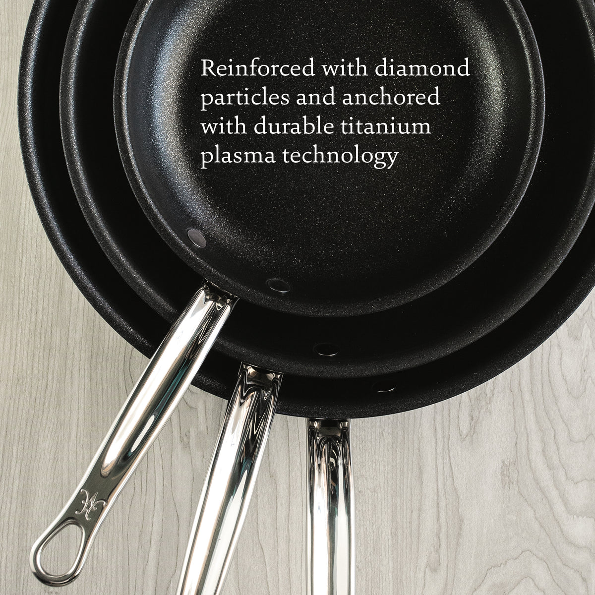 Three non-stick frying pans with metallic handles rest on a wooden surface, with text on the top pan reading, Reinforced with diamond particles and titanium plasma technology as part of the TITUM nonstick system. Designed for ProBond Professional Clad Stainless Steel Induction Cookware.