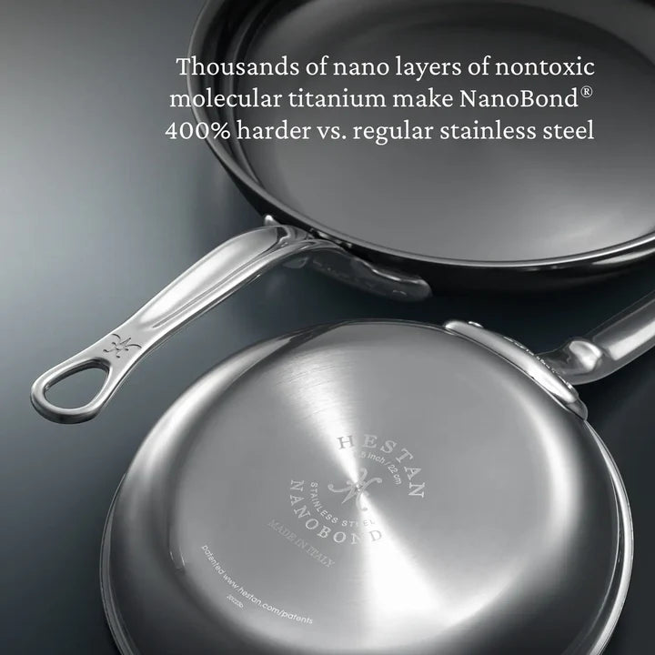 Two shiny metal pans are displayed, one with its handle visible and the other showing its bottom. Text above the pans highlights features: Thousands of nano layers of nontoxic molecular titanium make NanoBond® 400% harder vs. regular stainless steel.